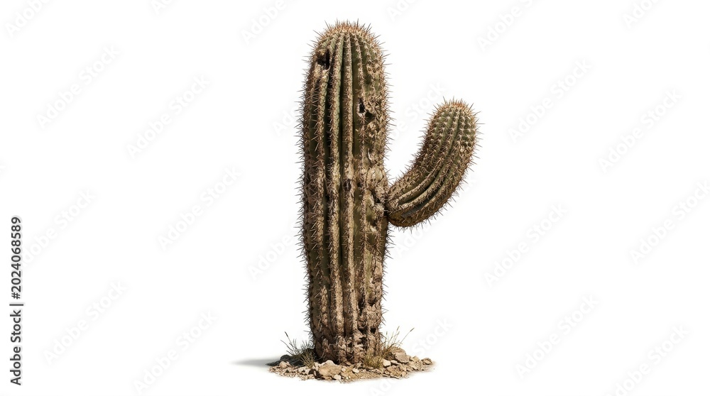 Obraz premium Saguaro cactus isolated on white background, giant desert cactus with sharp needles, iconic western succulent plant for landscape design