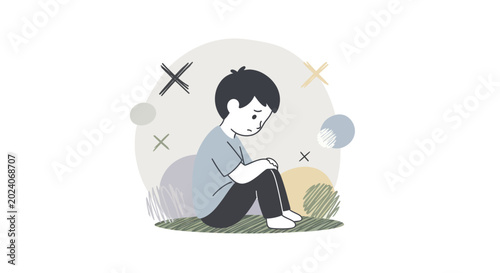 Fotografie Sad Boy Sitting Alone Feeling Down.