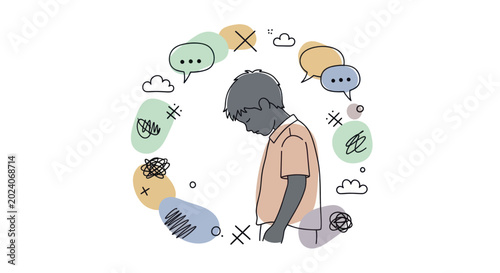 Fotografie Sad boy surrounded by speech bubbles and negative thoughts.