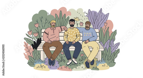 Photos Three diverse men sitting on a park bench, enjoying each others company