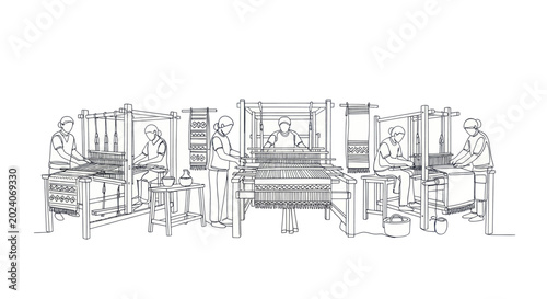 Schilderij op canvas Traditional Handloom Weaving Workshop with Multiple Artisans Crafting Textiles