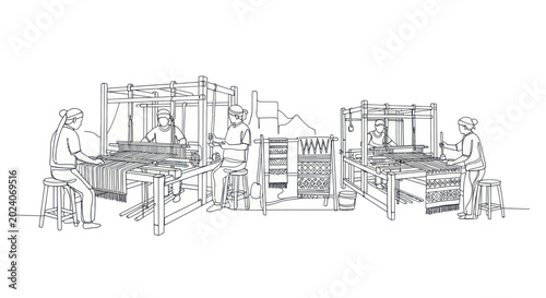 Traditional textile weaving workshop with artisans at looms.