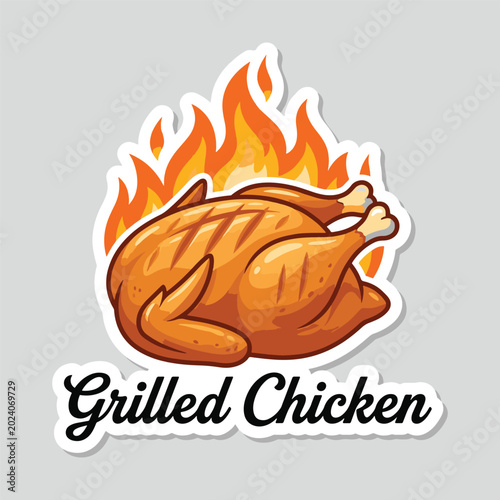 Delicious whole roasted chicken on fire with 