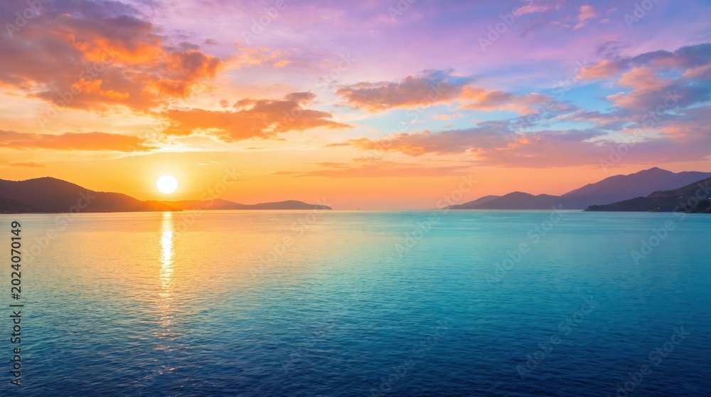 Fototapeta premium Golden sun setting over calm ocean waters with distant mountain silhouettes under a colorful sky filled with orange pink and purple clouds reflecting on the rippling sea surface at twilight