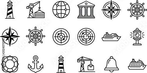 Quadro su tela Maritime navigation shipping port icon set lighthouse cargo crane anchor radar o