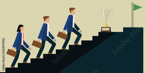 Photos Business professionals climbing staircase towards trophy vector illustration