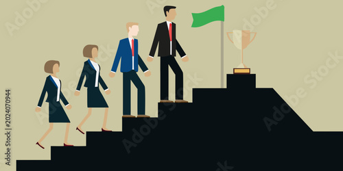 Photos business people climbing staircase with trophy and flag illustration