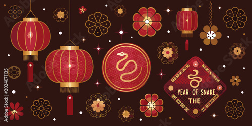 Foto year of the snake illustration with lanterns and floral ornaments