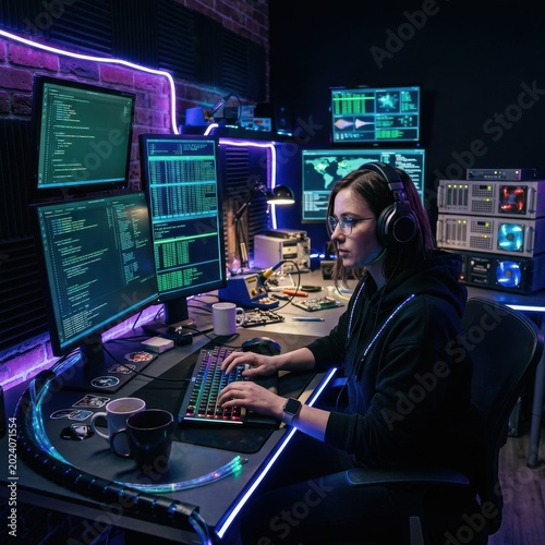 Programmer immersed in coding at neon lit desk, multiple monitors streaming complex data as focused developer builds software and safeguards critical digital systems

