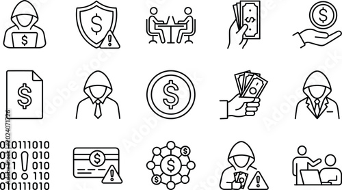 Quadro su tela Financial cybercrime icon set hacker anonymous online fraud money theft cybersec