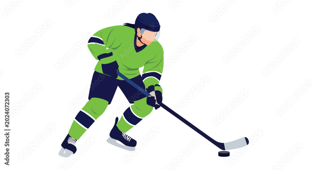 Fototapeta premium Ice Hockey Player Skating with Stick and Puck, Sports Action Illustration
