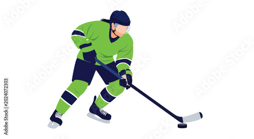 Photography Ice Hockey Player Skating with Stick and Puck, Sports Action Illustration