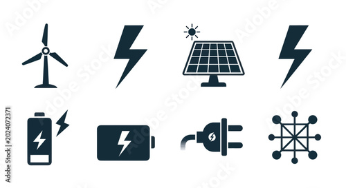 Foto Renewable Energy and Electricity Icons Set: Wind Turbine, Solar Panel, Battery,