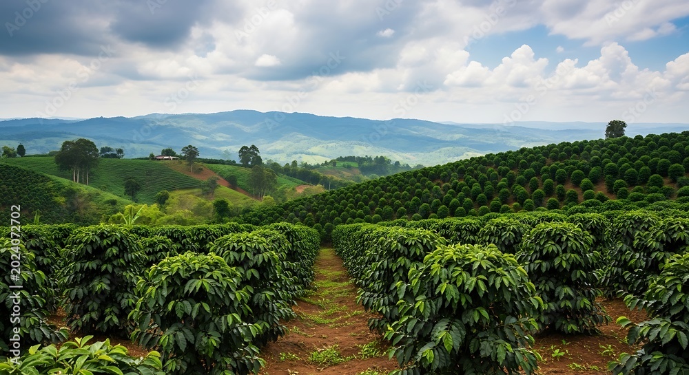 Naklejka premium Vast coffee plantation landscape with green rows under cloudy sky