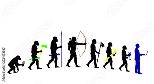 Schilderij op canvas Human Evolution Stages: From Ape to Modern Man with Laptop