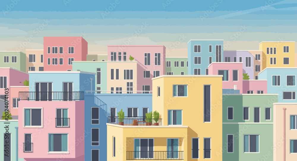 Fototapeta premium Colorful illustration of modern city buildings.