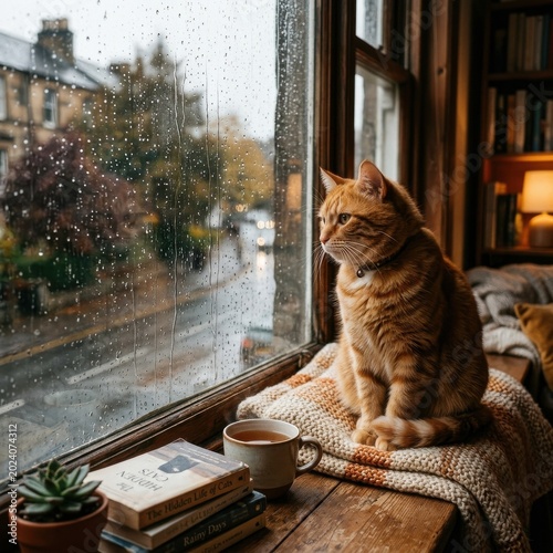 Cozy ginger cat watching rainy street from warm wooden windowsill, surrounded by books, coffee and soft blanket, peaceful autumn afternoon in quiet town home

