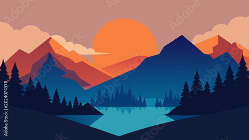 Bilde på lerret Nature Panorama Mountains Forest Lake Sunrise Vector Illustration