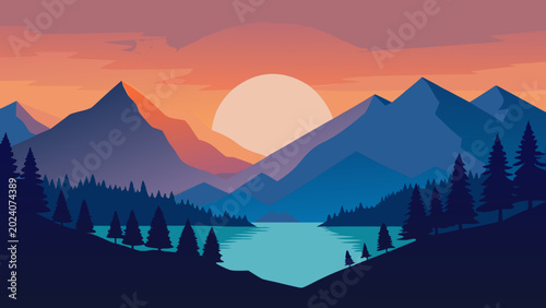 Bilde på lerret Nature Panorama Mountains Forest Lake Sunrise Vector Illustration