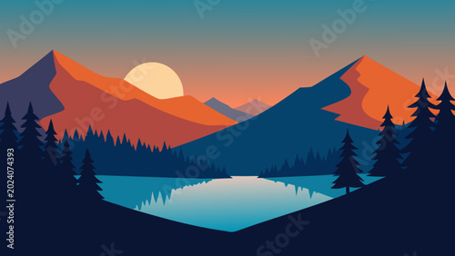 Bilde på lerret Nature Panorama Mountains Forest Lake Sunrise Vector Illustration