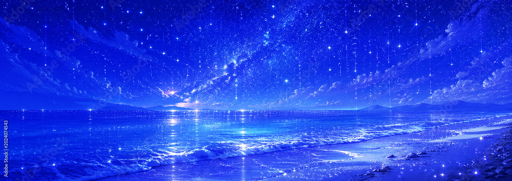 Fototapeta premium 星降る夜空と青く輝く海辺