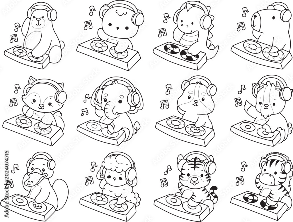 Fototapeta premium Coloring pages of cute wild animals and pet. Outline of animals 
