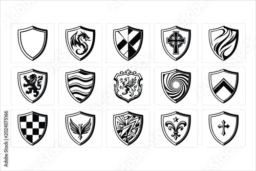 Heraldic Shield Crests Vector Set 15 Minimalist Logo Design Elements
