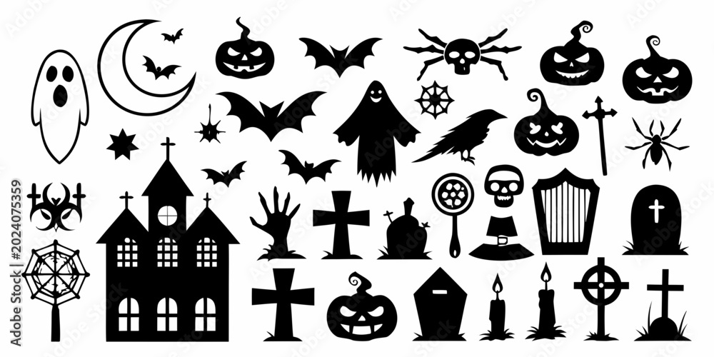 Obraz premium halloween silhouettes collection with ghosts pumpkins and bats