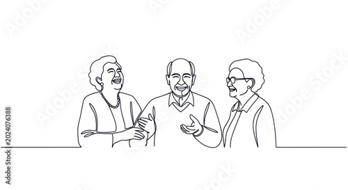 Fotografija Continuous line drawing of three happy elderly people laughing together