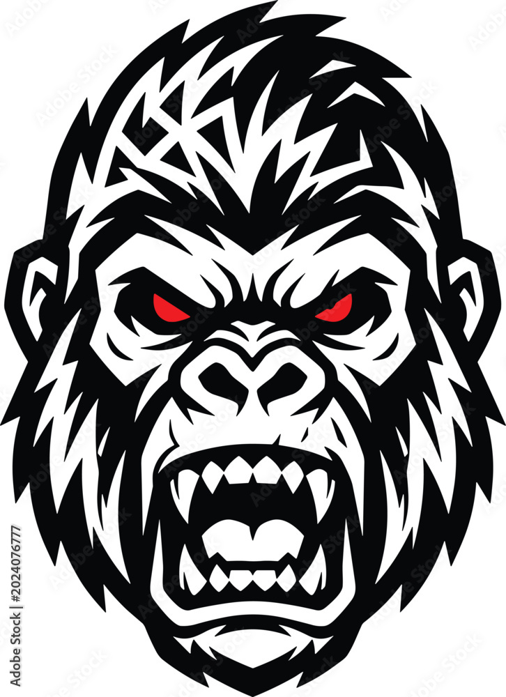 Fototapeta premium Fierce gorilla head vector illustration, aggressive animal mascot logo, wild beast face design, intimidating sports emblem artwork