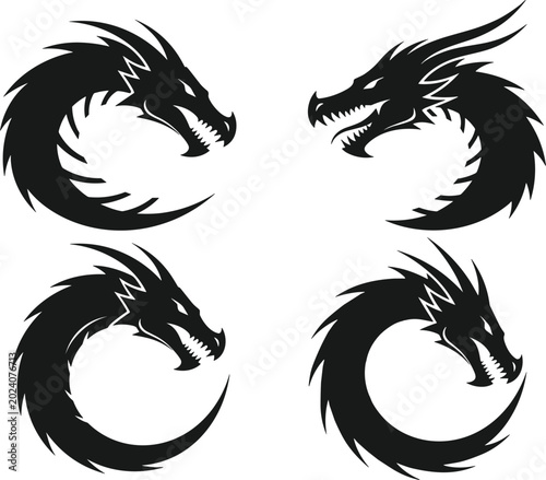 Dragon head logo, tribal monster mascot, tattoo silhouette, serpent profile, mystical beast emblem, fantasy creature icon, black vector.