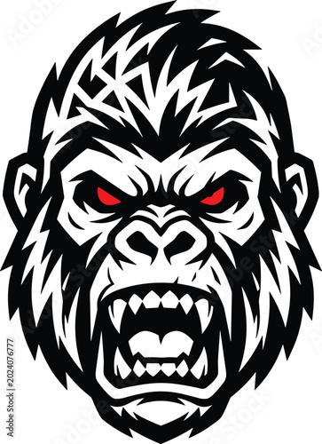 Fierce gorilla head vector illustration, aggressive animal mascot logo, wild beast face design, intimidating sports emblem artwork