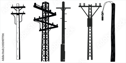 Fotografie Silhouettes of four distinct electrical transmission and utility poles power pol