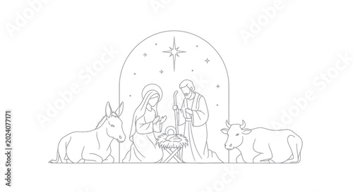 Cuadro en lienzo Nativity Scene Outline: Mary, Joseph, Baby Jesus, Donkey, Cow, Star