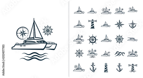 Fotografía Nautical Icons Set: Catamaran, Lighthouse, Compass, Anchor, Ship Wheel