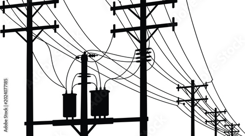 Silhouette of power line poles with transformers and wires against white background electricity utility pole
