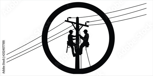 Tableau sur toile Silhouette of two linemen working on a power pole within a circular frame linema