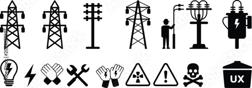 Bild auf Leinwand Electricity power transmission line towers icons and symbols for energy industry