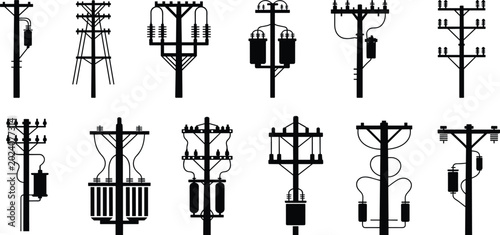 Tableau sur toile Eleven diverse silhouettes of utility poles with electrical components and trans