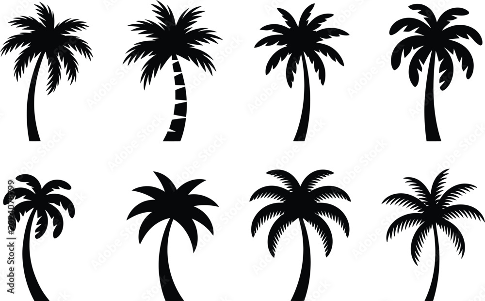 Fototapeta premium Set of eight black palm tree silhouettes