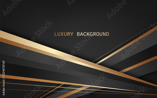 Elegant luxury abstract background on layered black and dark gray geometric shapes with metallic gold diagonal lines and accents. Vector Illustration