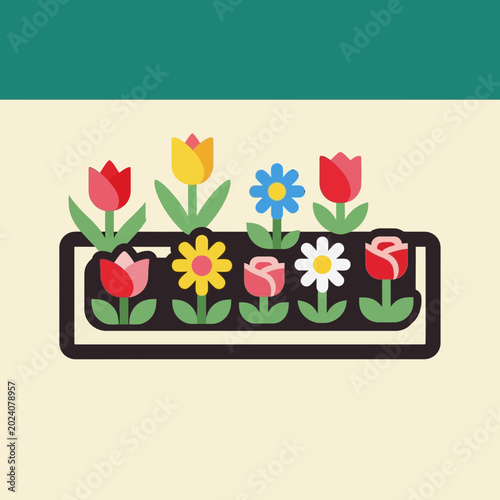 Colorful Flat Vector Illustration of Spring Flowers in a Window Box Planter