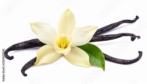 Fresh vanilla flower with pods and green leaf, aromatic vanilla plant, natural vanilla bean, vanilla orchid, vanilla spice, vanilla pod