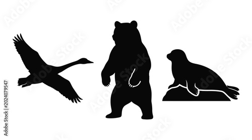 Canvas Print Animal silhouettes of a bear eagle and seal black silhouette