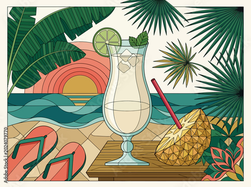 Retro Tropical Cocktail Illustration on a Beach at Sunset - Stylized Summer Vacation Graphic with Pineapple and Palm Leaves