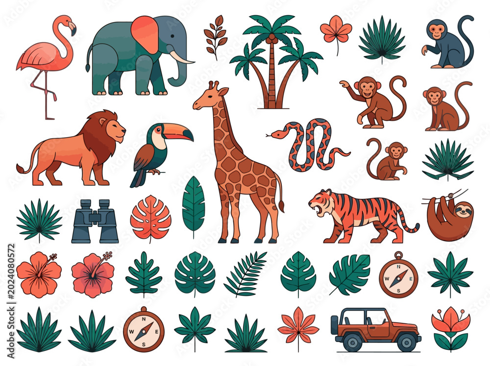 Fototapeta premium Safari Animal and Tropical Jungle Icon Set: Vector Illustrations of Wildlife, Exotic Plants, and Travel Gear including Lion, Elephant, Giraffe, and Tiger
