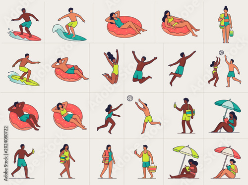 Vector Illustration Collection of People Enjoying Summer Activities at the Beach, Featuring Surfing, Swimming, Sunbathing, and Beach Volleyball