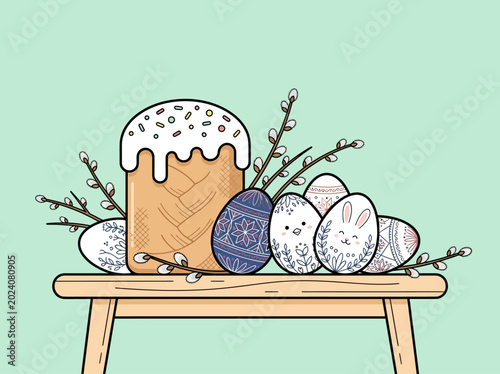 Easter Illustration with Traditional Cake, Decorated Eggs, and Pussy Willow Branches