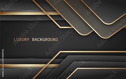 Luxury abstract background with elegant black and gold geometric layers featuring metallic diagonal shapes, sleek gradient lines, and modern textured patterns. Vector Illustration
