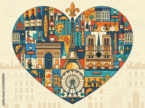 Artistic Heart-Shaped Collage of Paris Landmarks, Culture, and French Lifestyle featuring Eiffel Tower, Notre Dame, and Arc de Triomphe